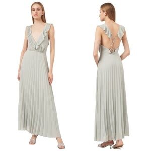 NWT H&M sage green open tie back ruffle accordion pleated maxi dress EU 36 US 4